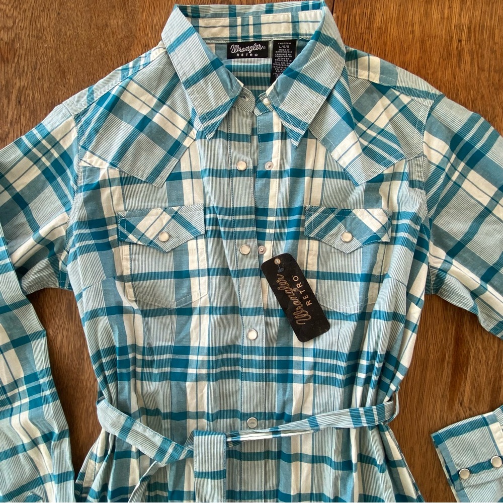 New Wrangler Teal and White Plaid Long Sleeve Dress Snap Buttons - Picture 3 of 12